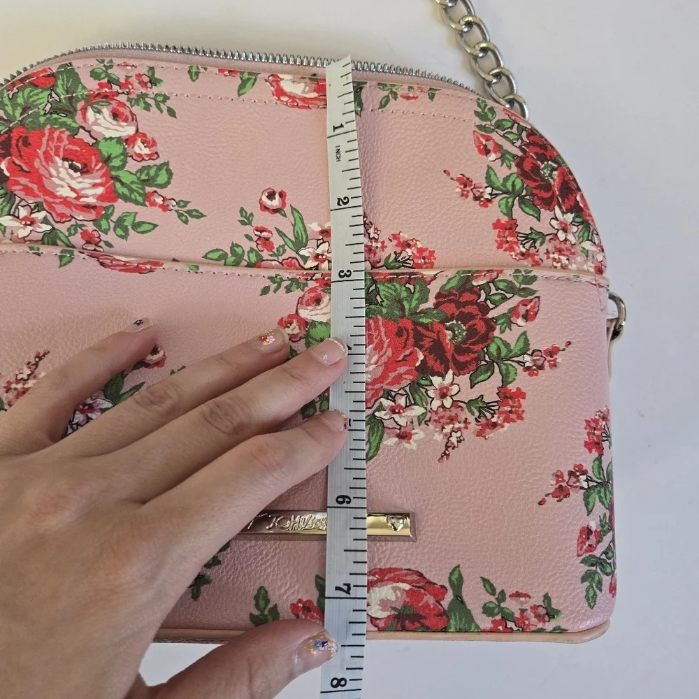 Betsey Johnson pink floral roses faux leather cross body with chain bow accent - Picture 12 of 12